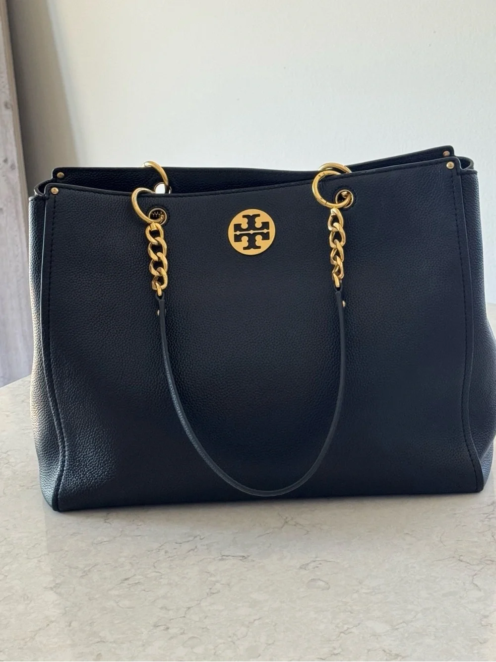 Tory Burch Black Pebbled Leather Tote with Gold Logo and Chain Straps